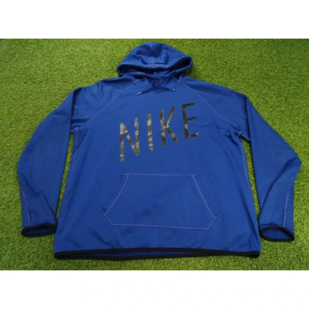 Nike Dri Fit Hoodie Mens XL Blue Spellout Graphic Raglan‎ Sleeve Fleece Lined